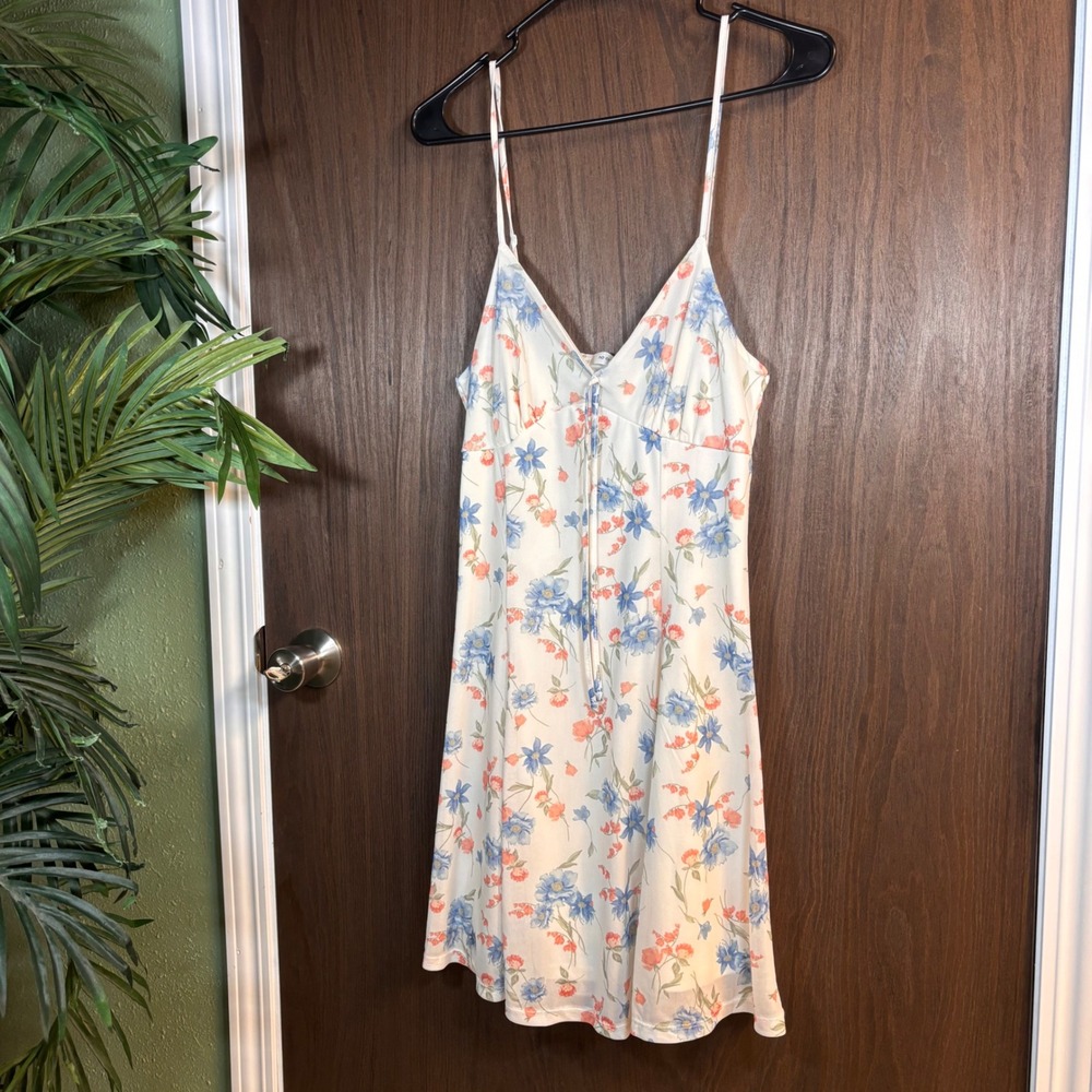 No Comment Floral Midi Dress Large Blue Pink Cottagecore Tie Front Sundress